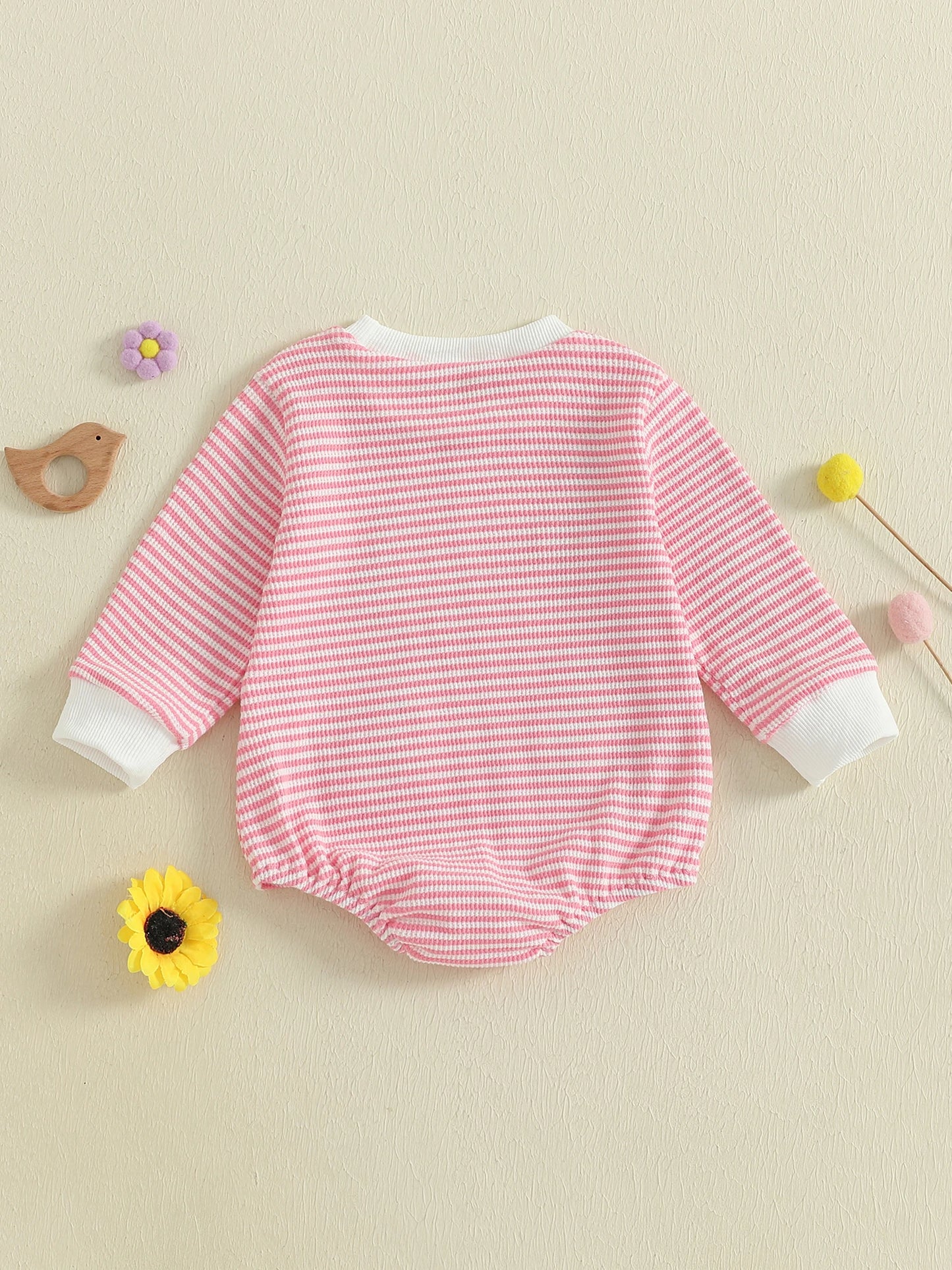 Infant Girl Jumpsuit with Long Sleeves and Round Neckline featuring Adorable Goose Embroidery and Striped Design for a Stylish
