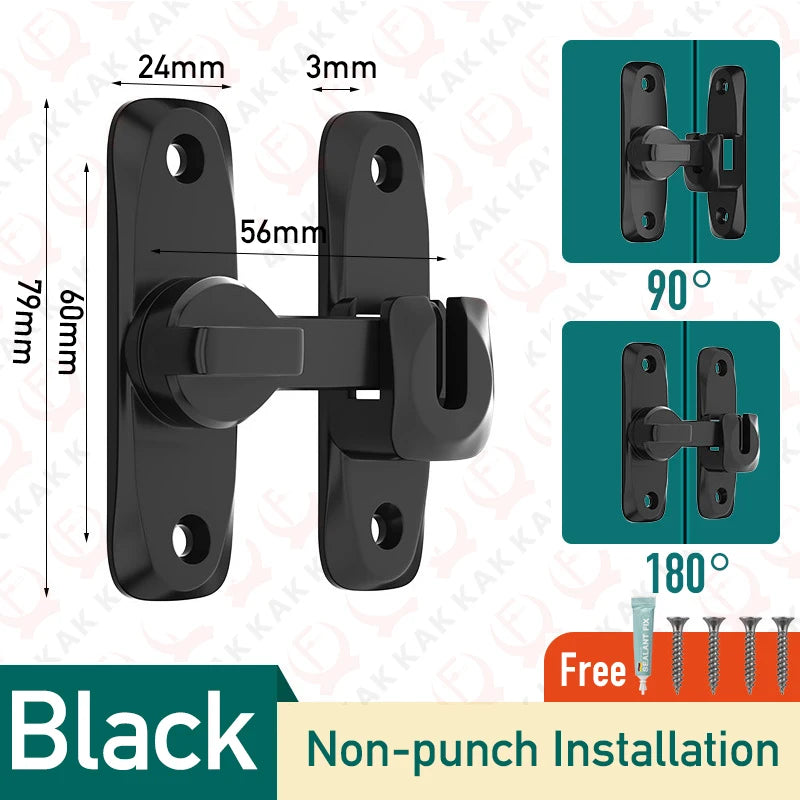 KAK Punch-free Hasp Latch Door Lock Black Cabinet Locks Kids Safety Lock Barn Door Sliding Door Anti-pried Hook Lock Hardware