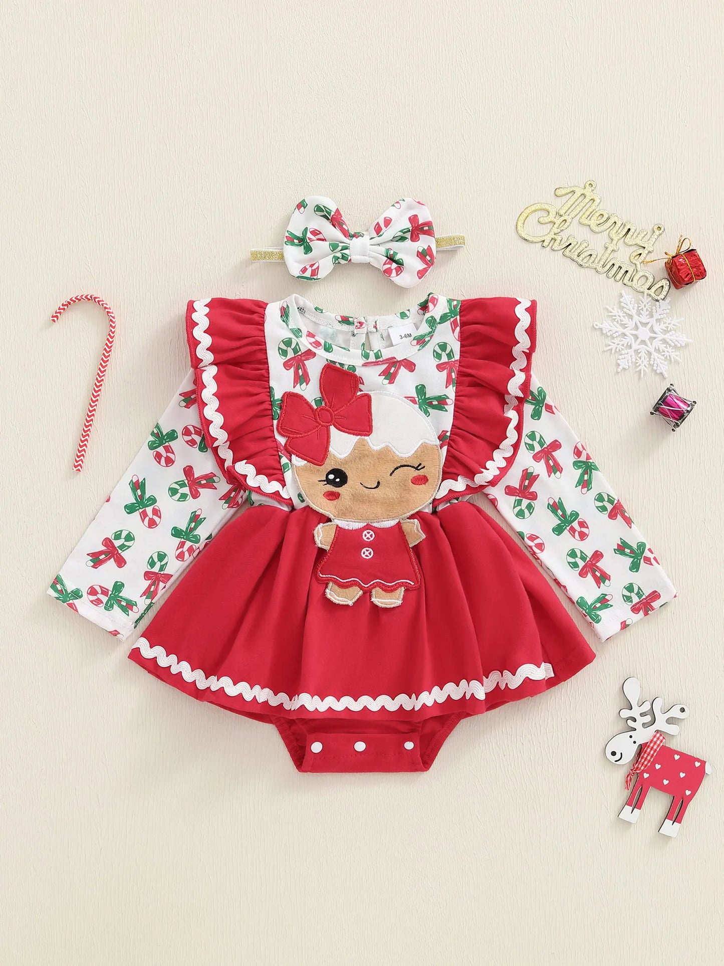 Toddler Girl Holiday Outfit Snowflake Print Santa Claus Embroidery Ruffle Sleeve Romper Dress Bow Headband 2 Piece Set for