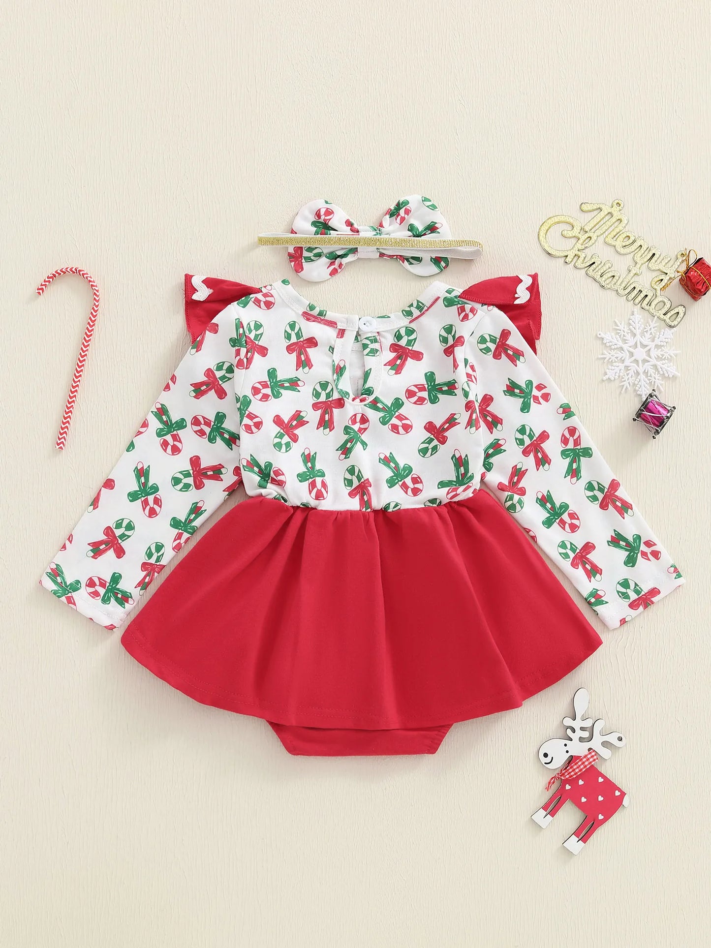 Toddler Girl Holiday Outfit Snowflake Print Santa Claus Embroidery Ruffle Sleeve Romper Dress Bow Headband 2 Piece Set for