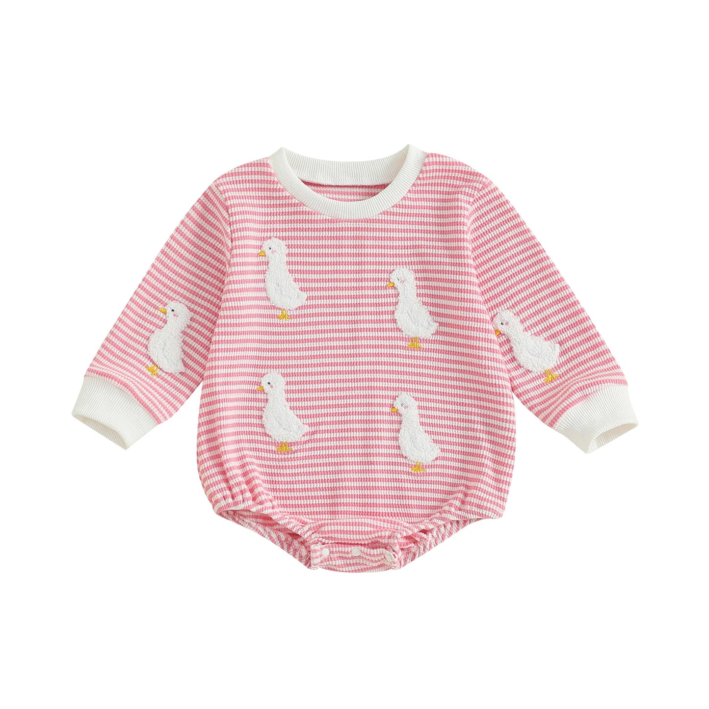 Infant Girl Jumpsuit with Long Sleeves and Round Neckline featuring Adorable Goose Embroidery and Striped Design for a Stylish