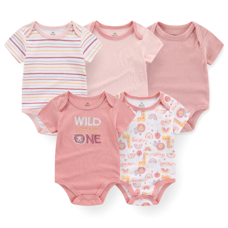 5Pieces Unisex New Born Bodysuits Print Summer Cotton Baby Girl Clothes Sleeveless Cartoon Baby Boy Clothes Set Solid Color