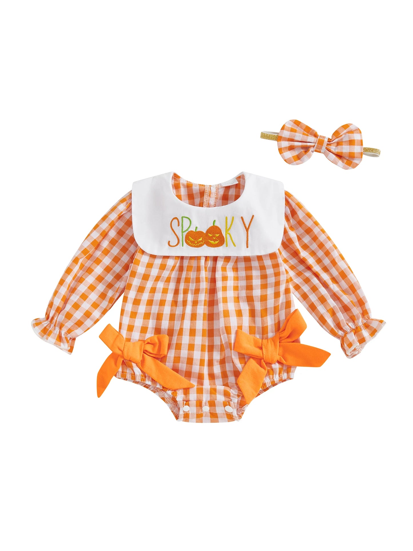 Toddler Girl Tartan Romper Autumn Harvest Pumpkin Applique Ribbon Tie Crew Neck Long Sleeve Bubble Playsuit with Matching