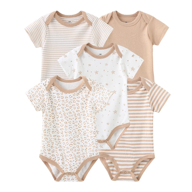 5Pieces Unisex New Born Bodysuits Print Summer Cotton Baby Girl Clothes Sleeveless Cartoon Baby Boy Clothes Set Solid Color