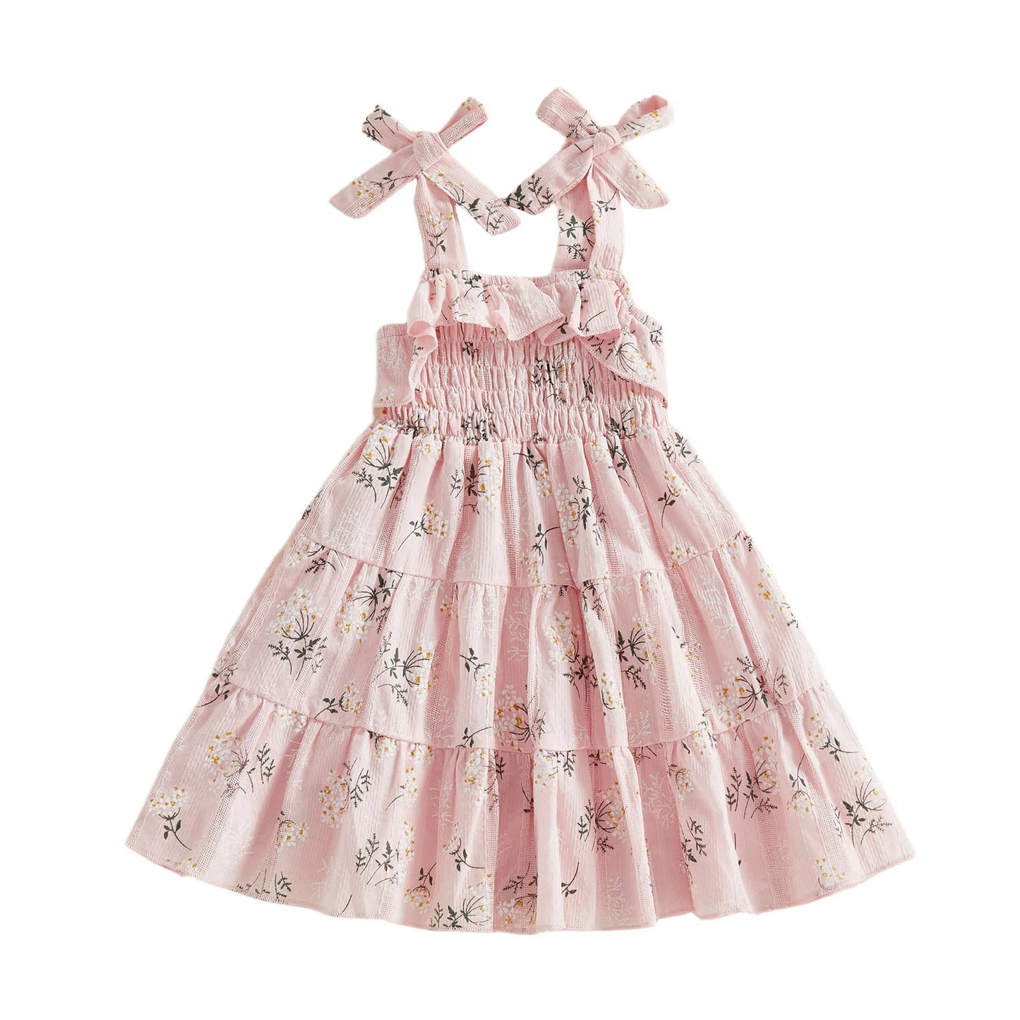 Toddler Girl Sleeveless Floral Print A-Line Dress with Tie Shoulder Detail - Summer Casual Dress for Baby Girl