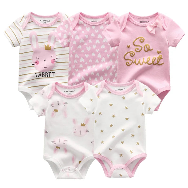 5Pieces Unisex New Born Bodysuits Print Summer Cotton Baby Girl Clothes Sleeveless Cartoon Baby Boy Clothes Set Solid Color