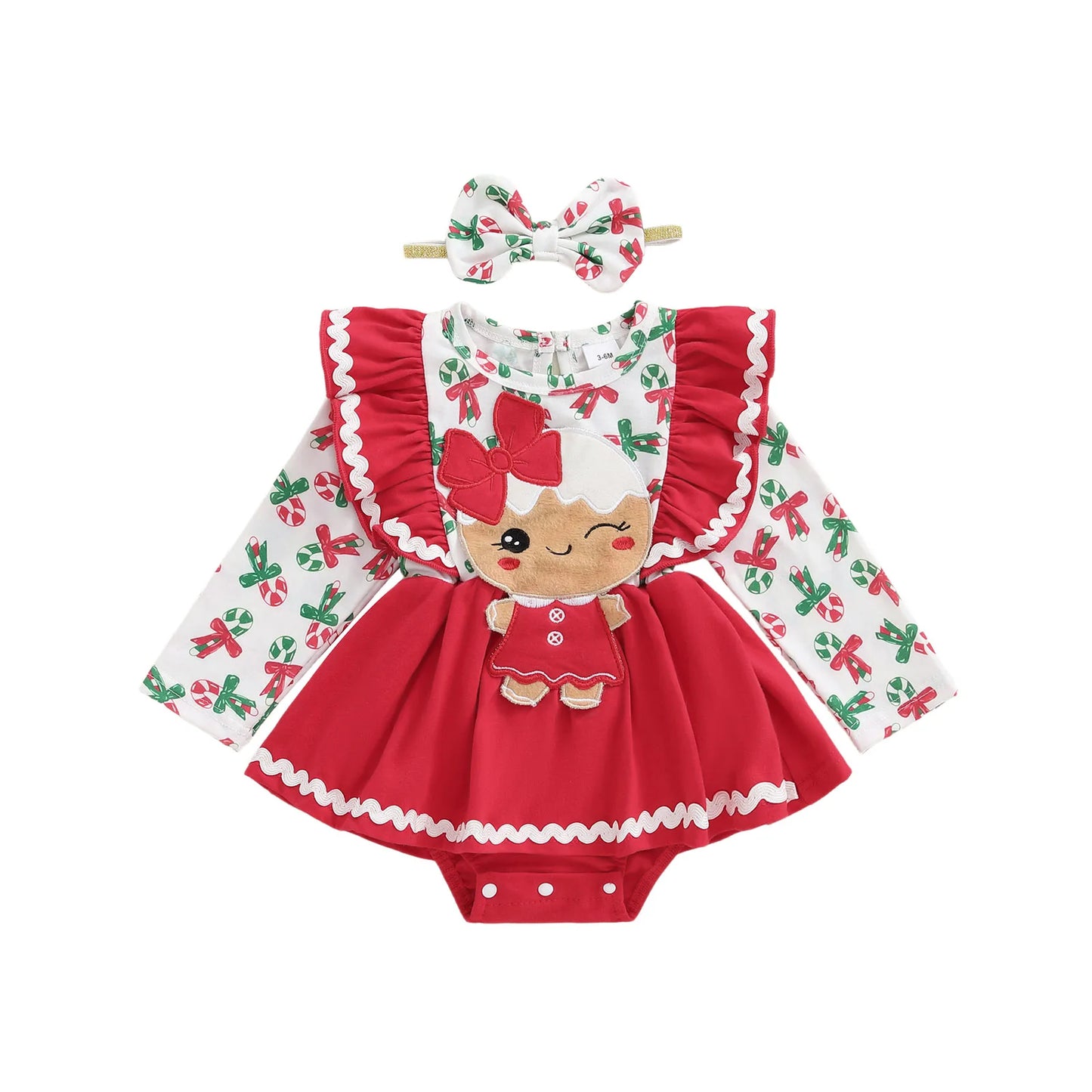 Toddler Girl Holiday Outfit Snowflake Print Santa Claus Embroidery Ruffle Sleeve Romper Dress Bow Headband 2 Piece Set for
