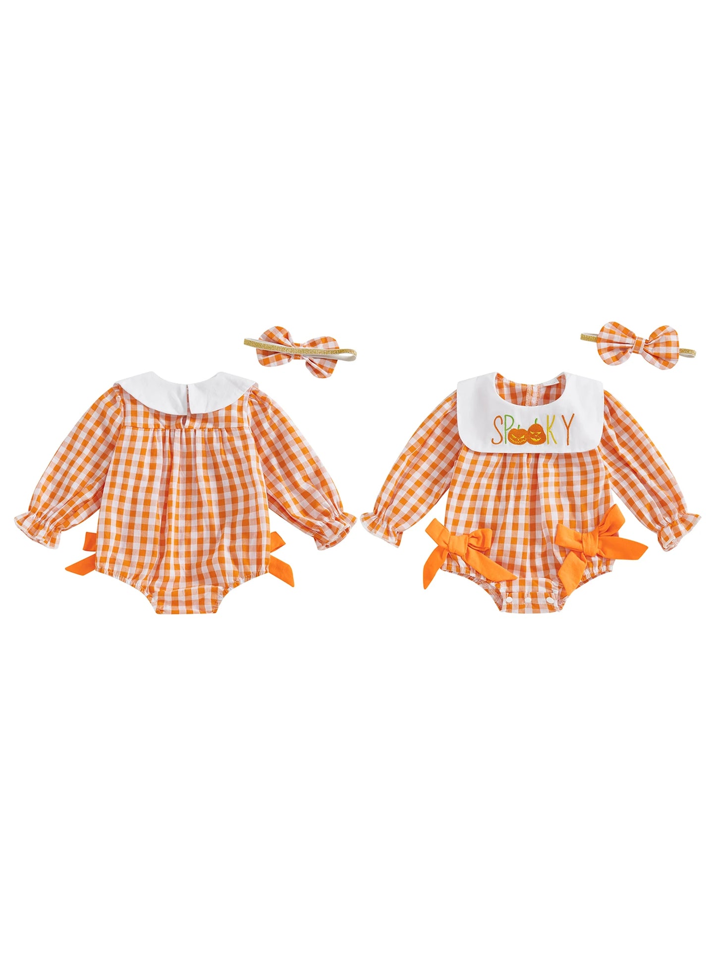 Toddler Girl Tartan Romper Autumn Harvest Pumpkin Applique Ribbon Tie Crew Neck Long Sleeve Bubble Playsuit with Matching