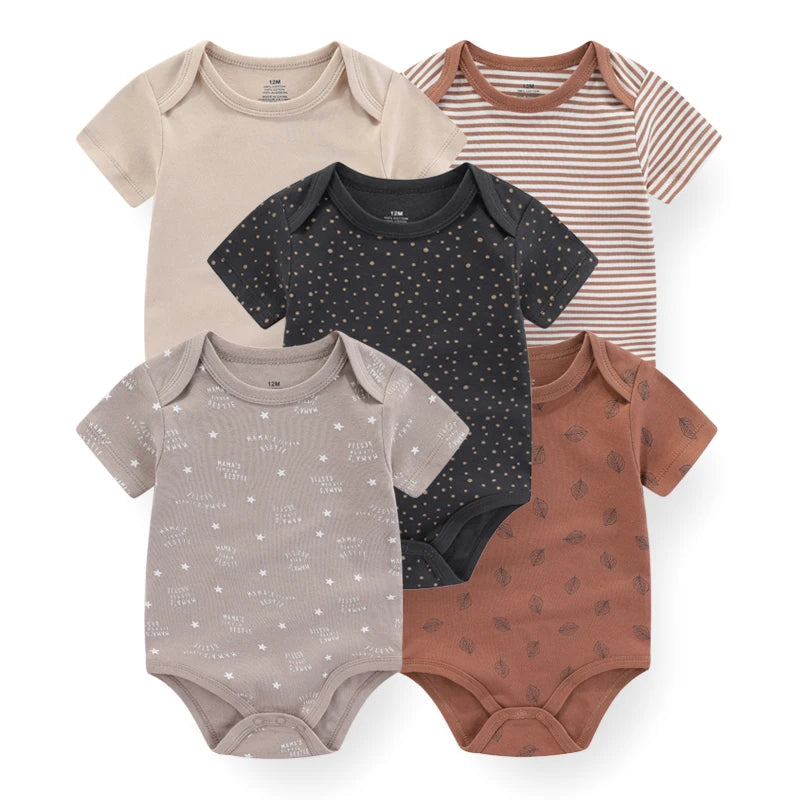 5Pieces Unisex New Born Bodysuits Print Summer Cotton Baby Girl Clothes Sleeveless Cartoon Baby Boy Clothes Set Solid Color