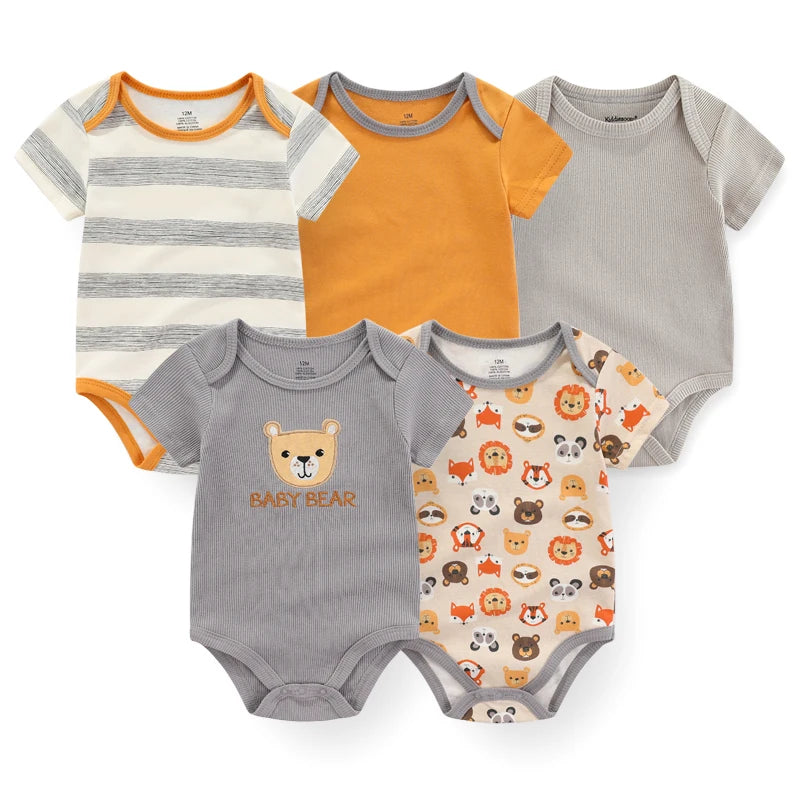 5Pieces Unisex New Born Bodysuits Print Summer Cotton Baby Girl Clothes Sleeveless Cartoon Baby Boy Clothes Set Solid Color