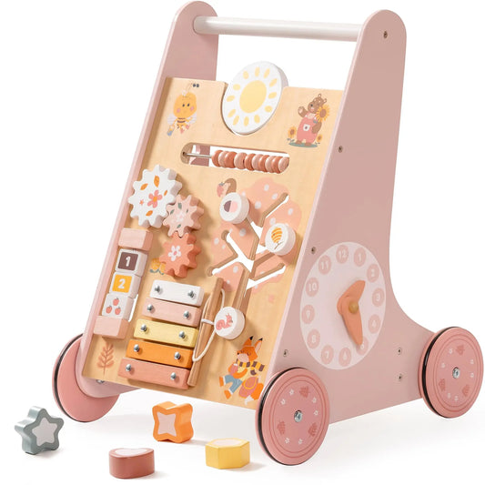 ROBOTIME ROBUD Wooden Baby Walker Baby Push Walker with Activity Center and Storage Montessori Walker Toy for Boys and Girls