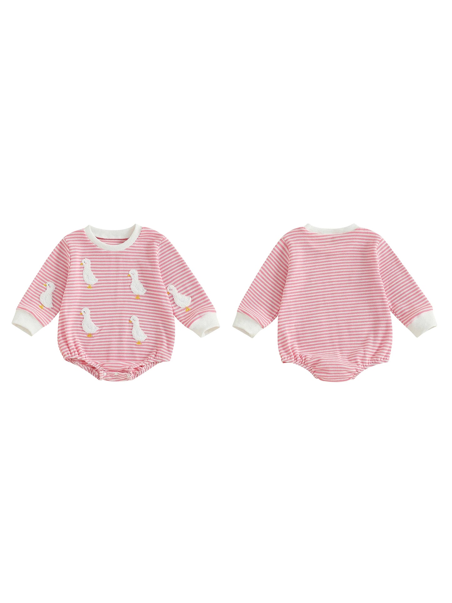 Infant Girl Jumpsuit with Long Sleeves and Round Neckline featuring Adorable Goose Embroidery and Striped Design for a Stylish