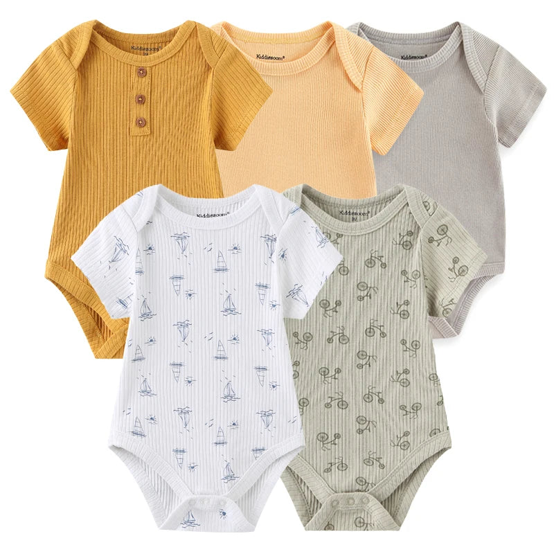 5Pieces Unisex New Born Bodysuits Print Summer Cotton Baby Girl Clothes Sleeveless Cartoon Baby Boy Clothes Set Solid Color