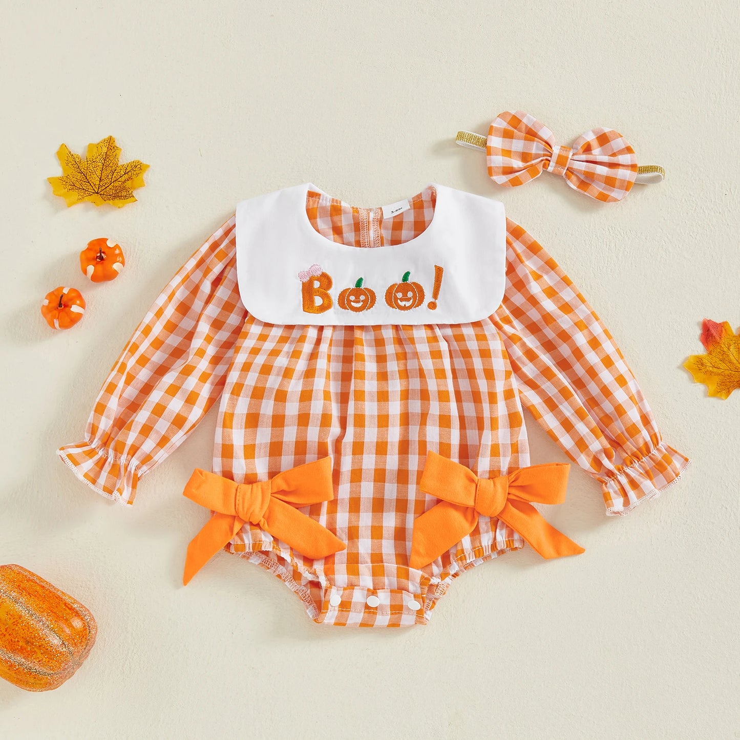 Toddler Girl Tartan Romper Autumn Harvest Pumpkin Applique Ribbon Tie Crew Neck Long Sleeve Bubble Playsuit with Matching