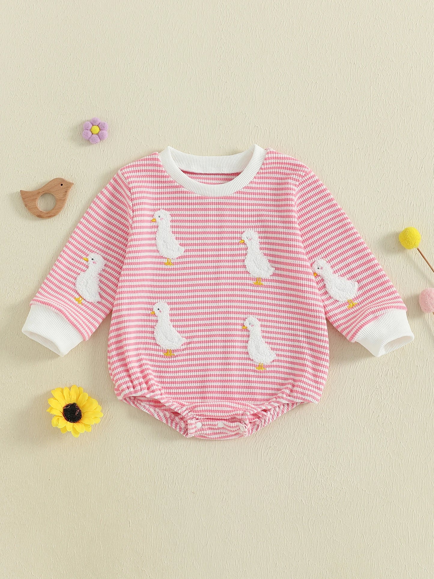 Infant Girl Jumpsuit with Long Sleeves and Round Neckline featuring Adorable Goose Embroidery and Striped Design for a Stylish