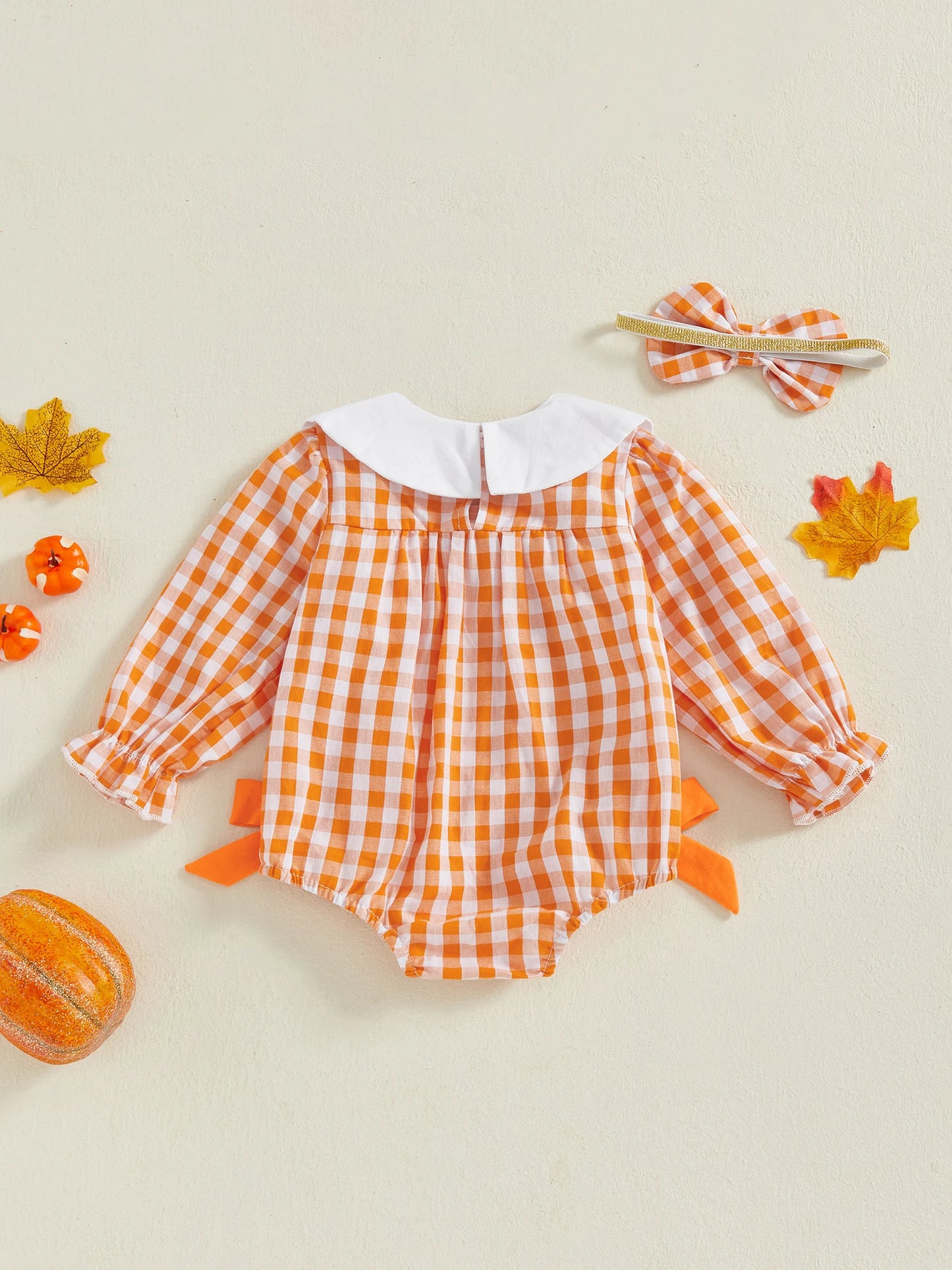 Toddler Girl Tartan Romper Autumn Harvest Pumpkin Applique Ribbon Tie Crew Neck Long Sleeve Bubble Playsuit with Matching