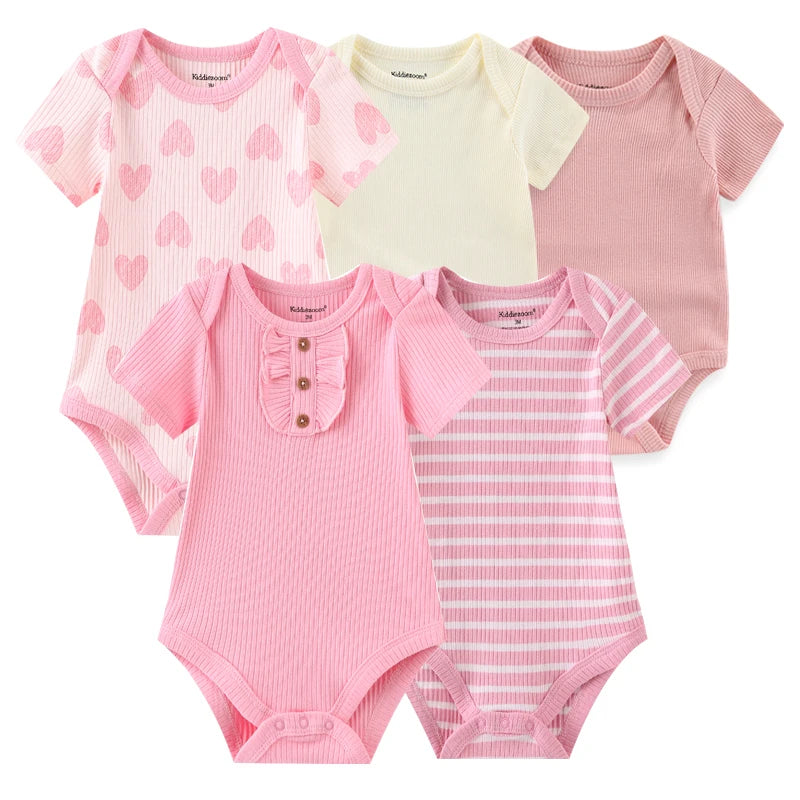 5Pieces Unisex New Born Bodysuits Print Summer Cotton Baby Girl Clothes Sleeveless Cartoon Baby Boy Clothes Set Solid Color