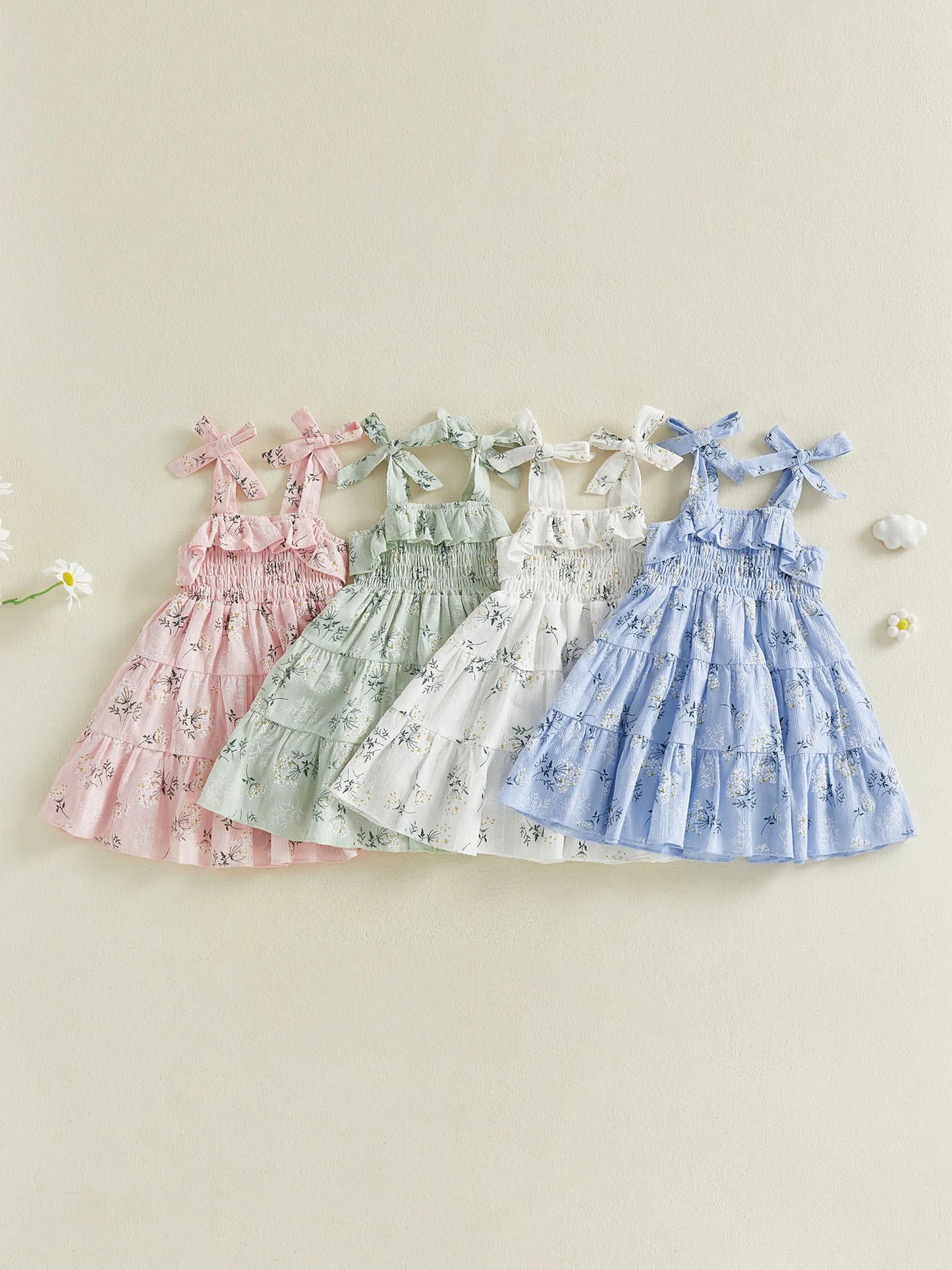Toddler Girl Sleeveless Floral Print A-Line Dress with Tie Shoulder Detail - Summer Casual Dress for Baby Girl