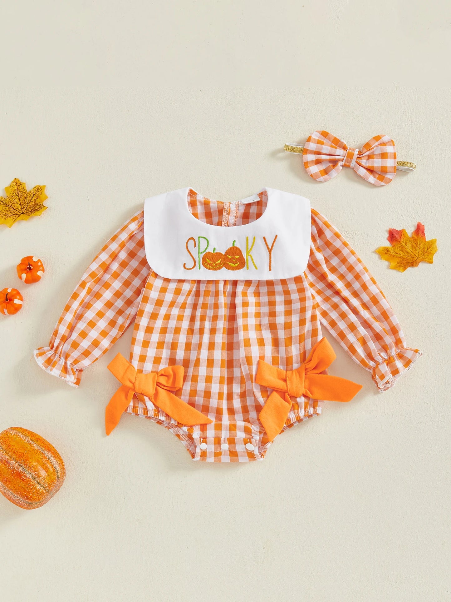 Toddler Girl Tartan Romper Autumn Harvest Pumpkin Applique Ribbon Tie Crew Neck Long Sleeve Bubble Playsuit with Matching
