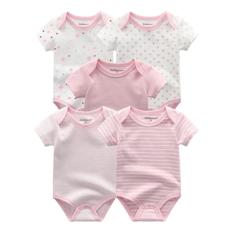 5Pieces Unisex New Born Bodysuits Print Summer Cotton Baby Girl Clothes Sleeveless Cartoon Baby Boy Clothes Set Solid Color