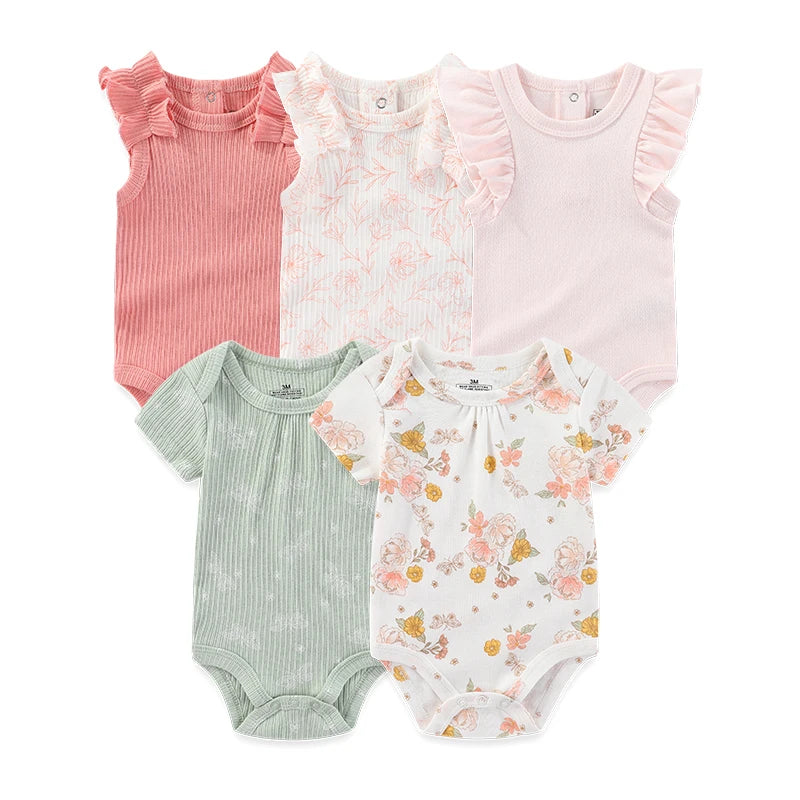 5Pieces Unisex New Born Bodysuits Print Summer Cotton Baby Girl Clothes Sleeveless Cartoon Baby Boy Clothes Set Solid Color