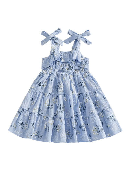 Toddler Girl Sleeveless Floral Print A-Line Dress with Tie Shoulder Detail - Summer Casual Dress for Baby Girl