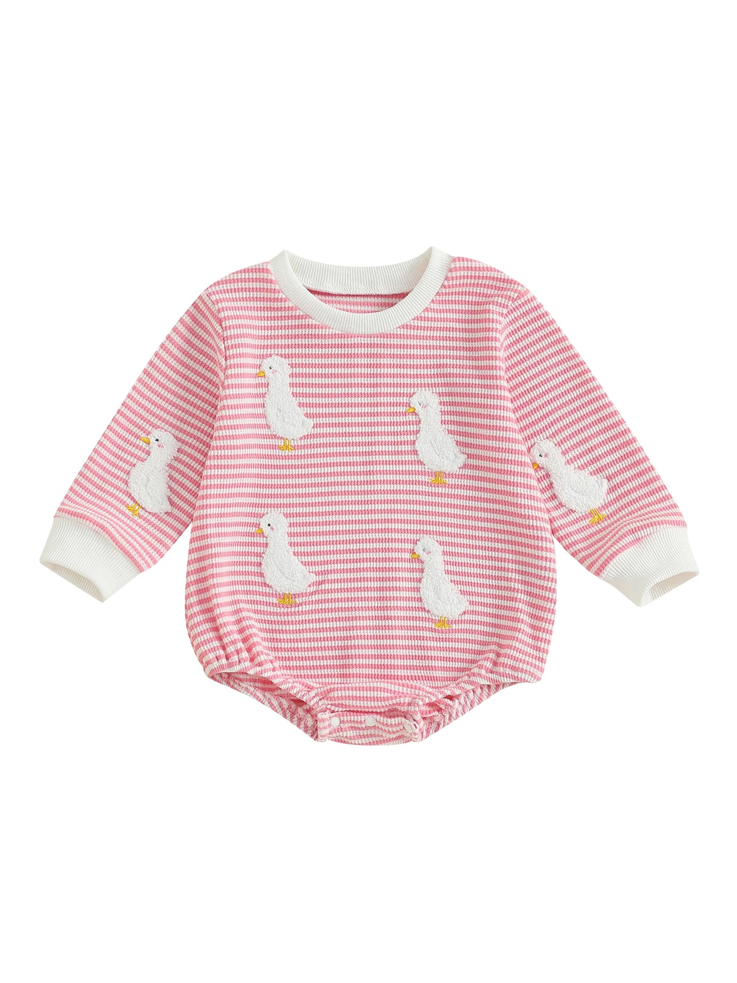 Infant Girl Jumpsuit with Long Sleeves and Round Neckline featuring Adorable Goose Embroidery and Striped Design for a Stylish