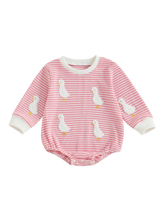 Infant Girl Jumpsuit with Long Sleeves and Round Neckline featuring Adorable Goose Embroidery and Striped Design for a Stylish